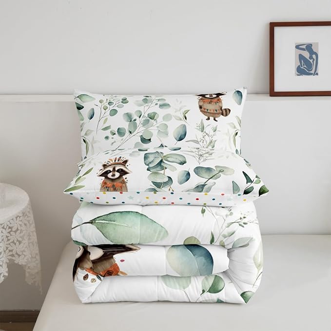 Erosebridal Cute Raccoon Queen Comforter Set for Kids Child Green Eucalyptus Bedding Set Queen, Woodland Animal Bedding Comforter Sets Plant Leaves Duvet Set, Cartoon Wildlife Quilted Comforter