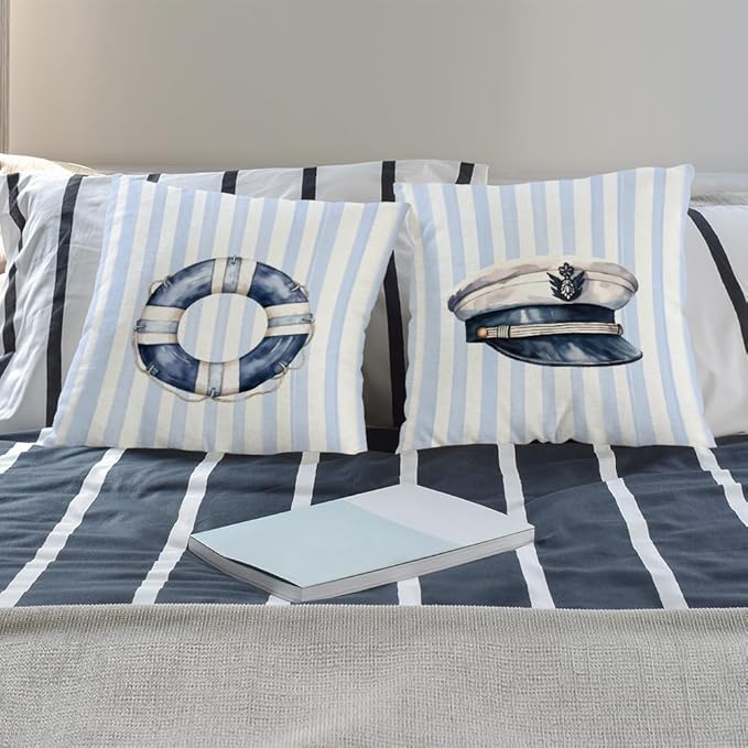 Blue Coastal Nautical Pillow Covers 18x18 Set of 2, Watercolor Lifebuoy Captain Hat Preppy Blue Striped Throw Pillow Covers for Boys Bedroom Beach House Home, Preppy Beach Room Decor