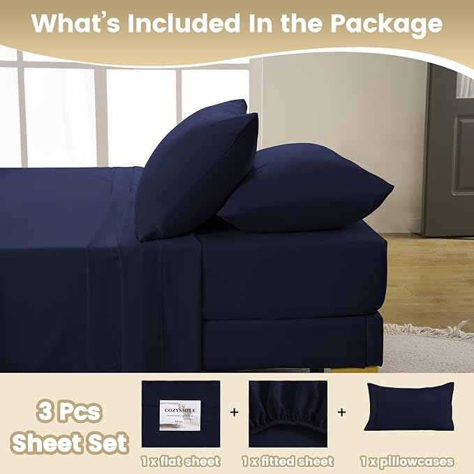 Twin XL Sheet Set - 3 Piece Silky Soft Breathable Bed Sheet & Pillowcase Set, 16" Deep Pocket Hotel Luxury Wrinkle Free Easy Care Bedding Sheets, Dark Blue