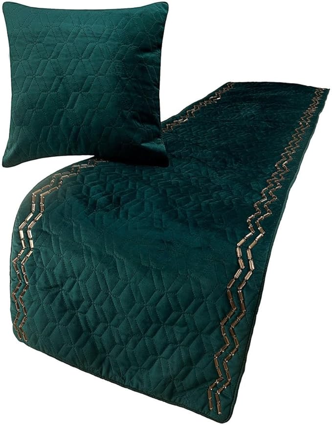 The HomeCentric King Queen Twin Teal Blue Handmade King 90"x18" Bed Runner with Pillow Cover, Quilted & Crystals Bed Scarf on Velvet Fabric - Teal Diamond Symphony