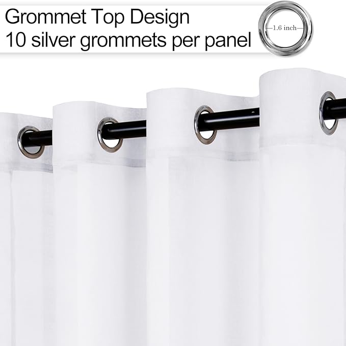 XWZO White Sheer Curtains 63 Inch Length 2 Panels for Living Room with Tiebacks, Light Filtering Faux Linen Voile Grommet Window Curtains for Living Room, Farmhouse, Study, 60 x 63 Inches Length