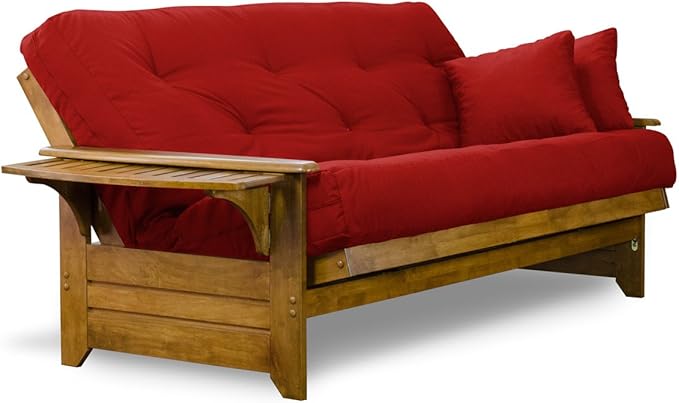Nirvana Futons Brentwood Tray Arm Futon Sofabed Set - Queen Frame, 8" Thick Red Mattress, Rich Heritage Finish