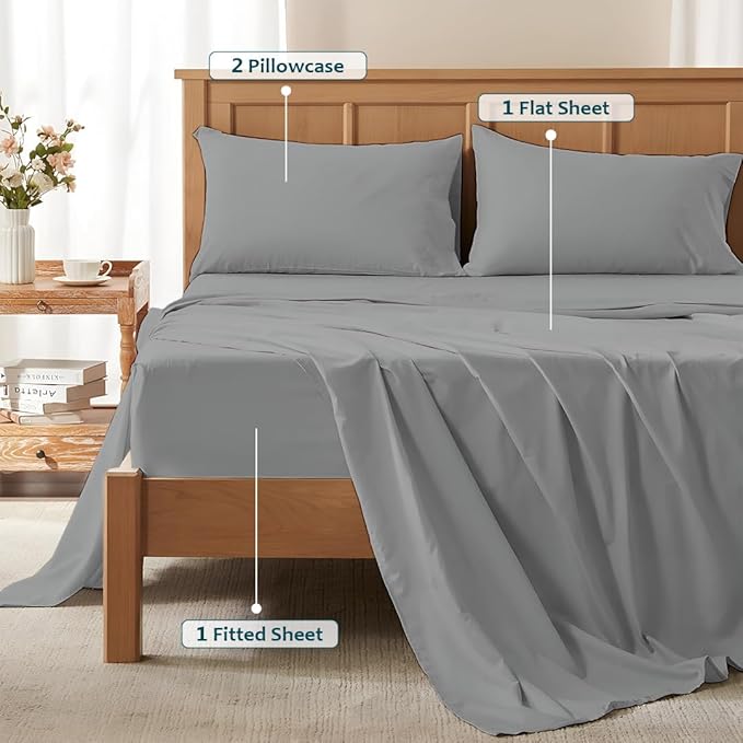 Twin Sheets Set - Luxury 338 Thread Count 100% Egyptian Cotton Sateen, Twin Sheet Set with All Around Elastic for a, Hotel Quality Bedding (Light Grey Solid)