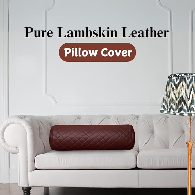 Neck Roll Pillow Cushion Cover, 16x6 Inch Full Moon Round Bolster Pillow Case, Cylinder Soft Lambskin Leather Pillowcase for Head, Spine & Neck Support During Sleep - Quilted Dark Brown Pack of 1