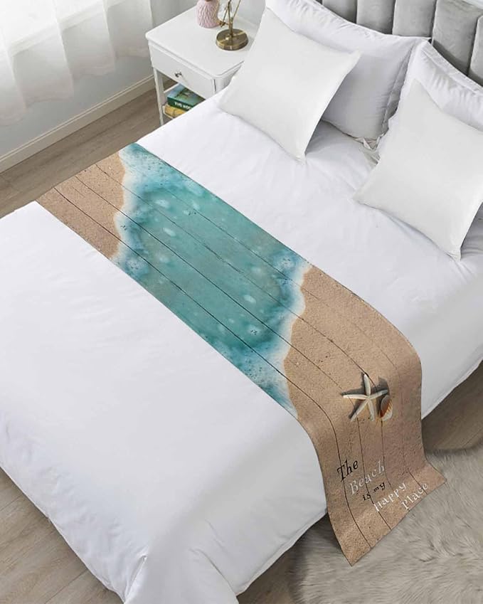 Coastal Ocean Starfish and Shell Sand Bed Runners for Bedroom Hotel,Decorative Bedding Scarf The Beach is My Happy Place Bed End Blanket Bedding Runner Scarves for Queen Size Bed,94x20in