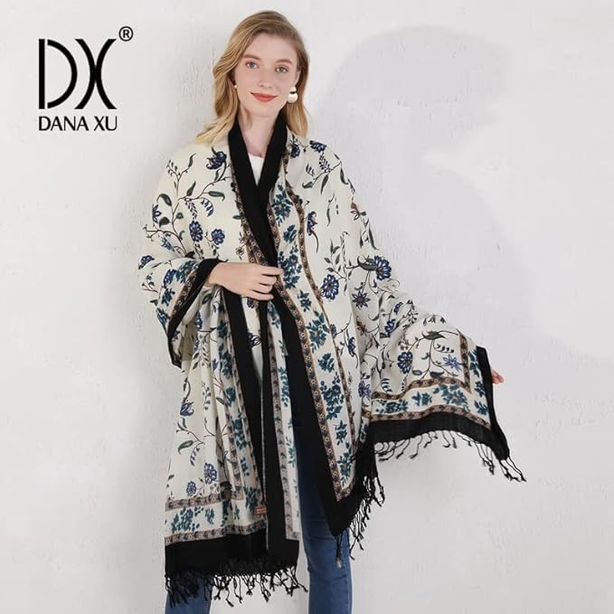 DANA XU 100% Merino Wool Pashmina Shawl for Women 96"x43", Oversized Cashmere Wrap with Tassels, Floral Travel Blanket Cape