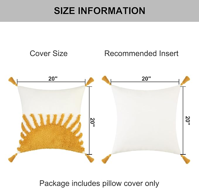 Adabana Boho Throw Pillow Covers 20x20, Decorative Tufted Pillows Cover for Couch Bed, Sun Sunshine Pillow Cover for Kids