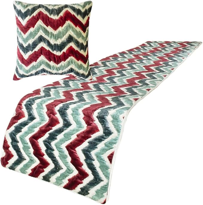 The HomeCentric King/Queen/Twin Red & Blue Luxury Twin 53"x18" Bed Runner with One Pillow Cover, Chevron & Quilted Bed Scarf on Suede Fabric - Chevron Symphony