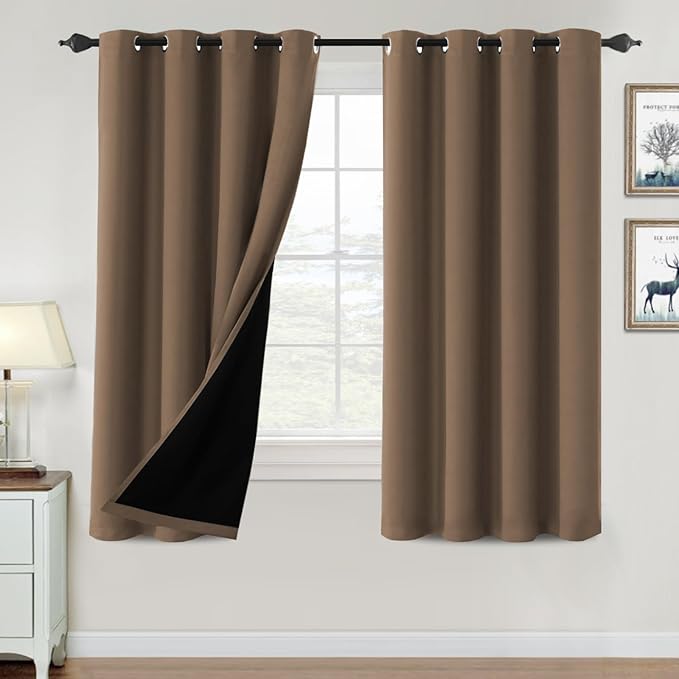 H.VERSAILTEX 100% Blackout Curtains for Bedroom Thermal Insulated Blackout Curtains 63 inch Length Heat and Full Light Blocking Curtains for Living Room with Black Liner 2 Panels Set, Macchiato