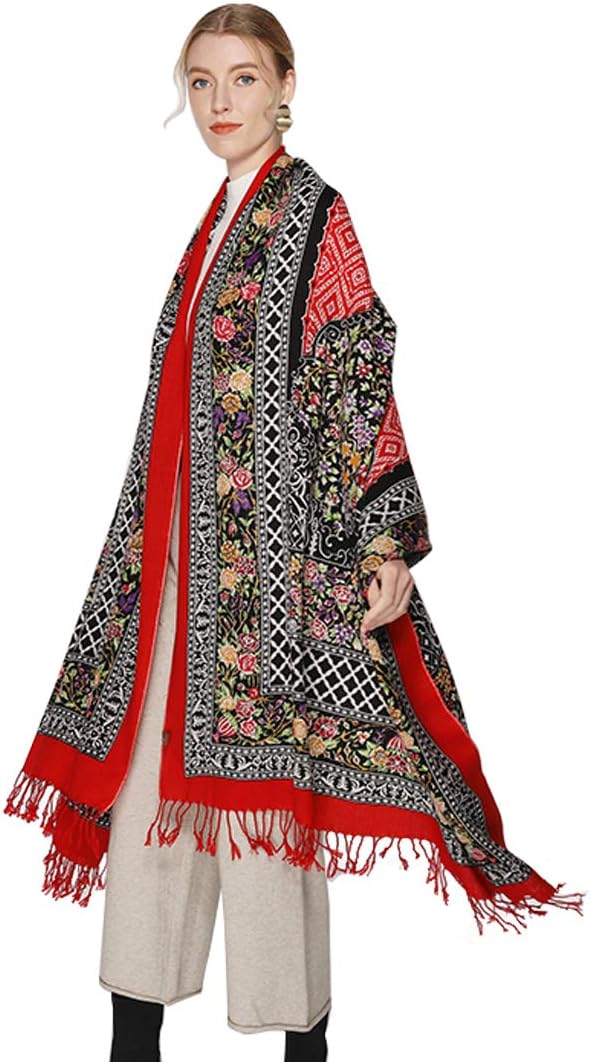DANA XU 100% Merino Wool Pashmina Shawl for Women 96"x43", Oversized Cashmere Wrap with Tassels, Floral Travel Blanket Cape