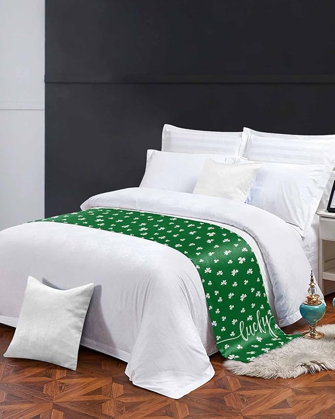St Patrick's Day Lucky Leaves Bed Runners for Bedroom Hotel,Decorative Bedding Scarf White Shamrock on Green Bed End Blanket Bedding Runner Scarves for Queen Size Bed,94x20in