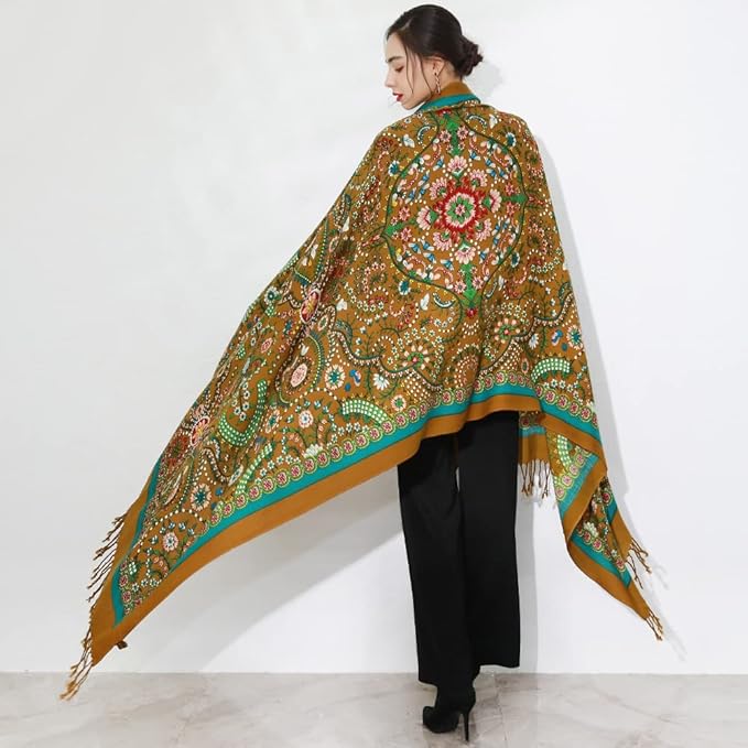 DANA XU 100% Merino Wool Pashmina Shawl for Women 96"x43", Oversized Cashmere Wrap with Tassels, Floral Travel Blanket Cape