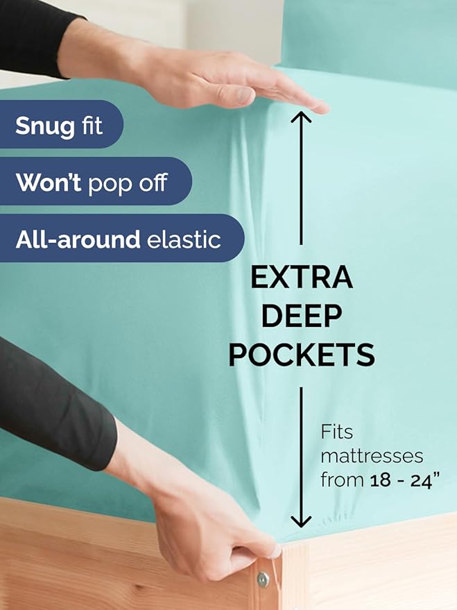 Extra Deep King Fitted Sheet - Hotel Luxury Single Fitted Sheet Only - Easily Fits 18 inch to 24 inch Mattress - Ultra Soft, Wrinkle & Fade Free w/Extra Deep Pockets - Breathable & Comfy - Spa Blue