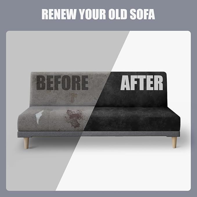 molasofa Leather Like Stretch Futon Slipcover Armless Futon Bed Sofa Cover Furniture Protector with Elastic Bottom, Soft and Washable Futon Cover for Sofa Bed Stay in Place（Medium，Dark Grey）