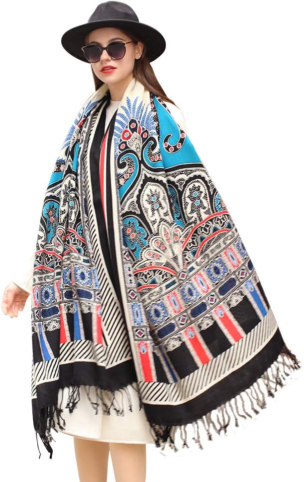 DANA XU 100% Merino Wool Pashmina Shawl for Women 96"x43", Oversized Cashmere Wrap with Tassels, Floral Travel Blanket Cape