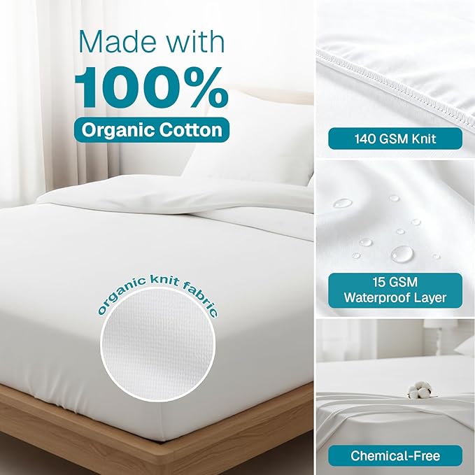 Fabdreams King Organic Cotton Mattress Protector, Waterproof, 78x82+17in, GOTS Certified, Temperature Regulating, Breathable, White