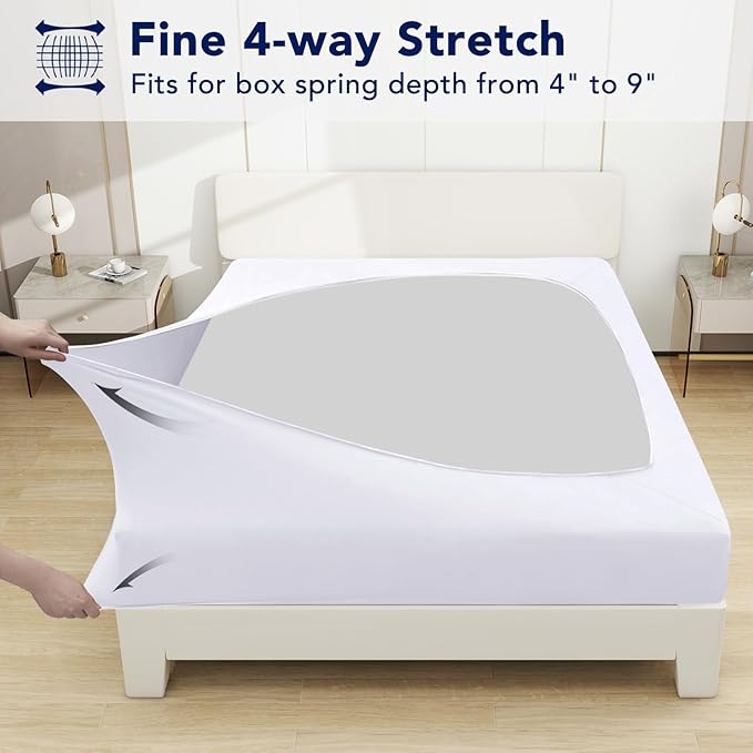 PureFit Stretchy Box Spring Cover Full - Elastic Fitted Box Spring Wrap Around 4 Sides, Wrinkle & Fading Resistant Fits Full Size Beds, White