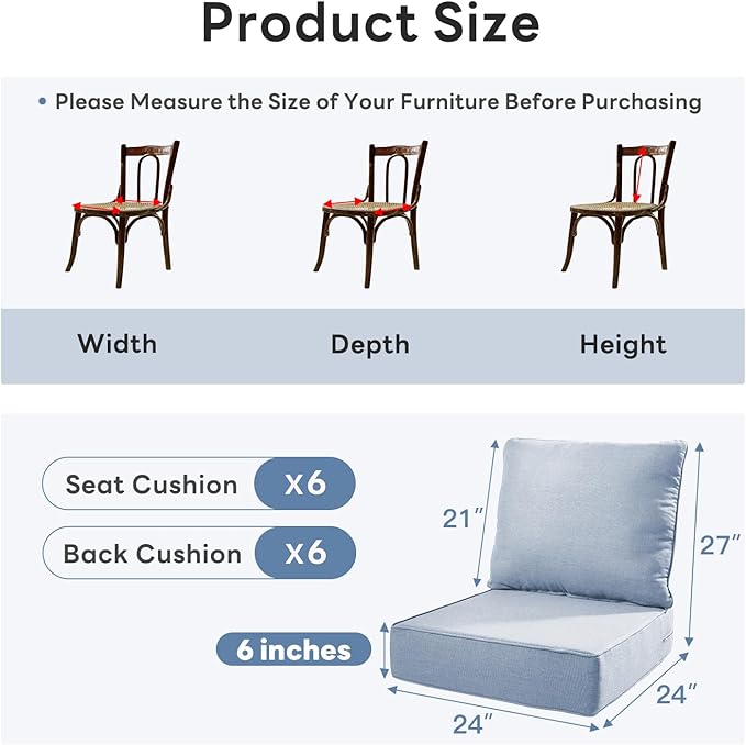 6" Thicker Outdoor Chair Cushion 6 Sets - 24" *24" *6" Waterproof Patio Furniture Cushions with Removable Cover, 28D High Density Sponge Filling Thicken Outdoor Patio Cushions - Baby Blue