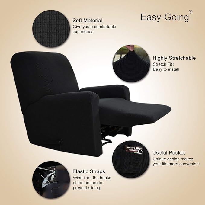 Easy-Going Recliner Stretch Sofa Slipcover Sofa Cover 4-Pieces Furniture Protector Couch Soft with Elastic Bottom Spandex Jacquard Fabric Small Checks(Large,Black)