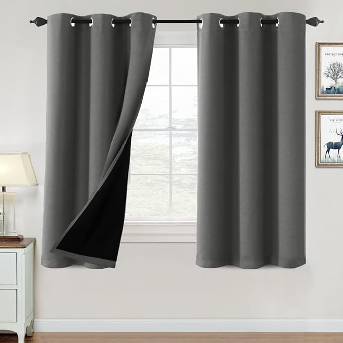 H.VERSAILTEX 100% Blackout Curtains for Bedroom Thermal Insulated Blackout Curtains 63 inch Length Heat and Full Light Blocking Curtains for Living Room with Black Liner 2 Panels Set, Grey