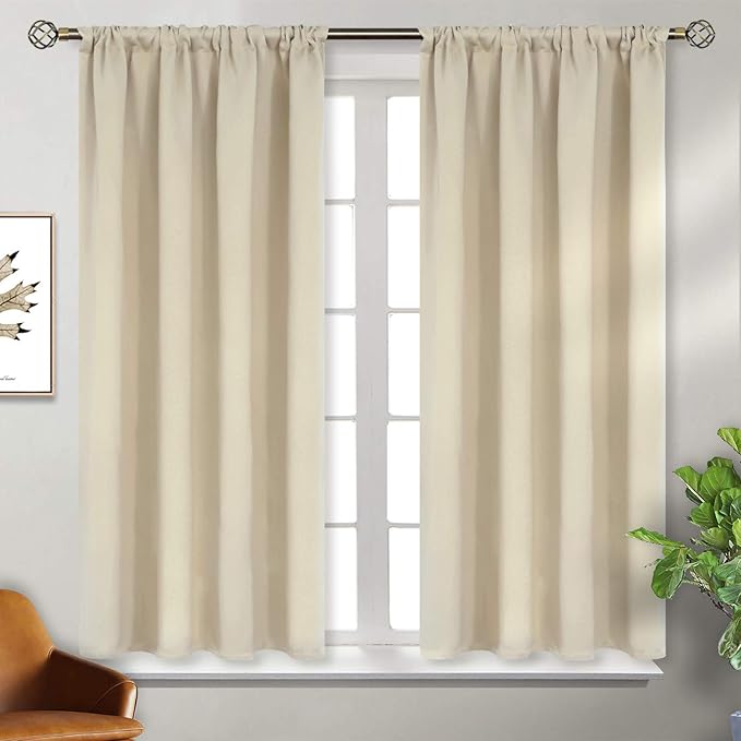 BGment Beige Blackout Curtains 45 Inches Long 2 Panels for Bedroom - Short Thermal Insulated Drapes with Rod Pocket Room Darkening Privacy for Kitchen Bathroom Window, 42 x 45 Inch