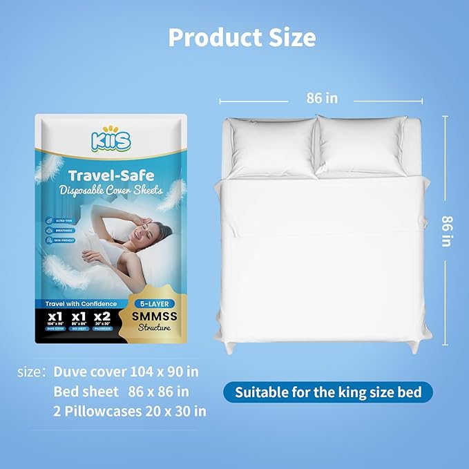 KIIS Travel-Safe Disposable Cover Sheets for Travel, Disposable Bed Sheet, Disposable Duvet/Comforter Cover, Disposable Pillowcases, Perfect for Hotels & Trips (King Size, 2 Packs)