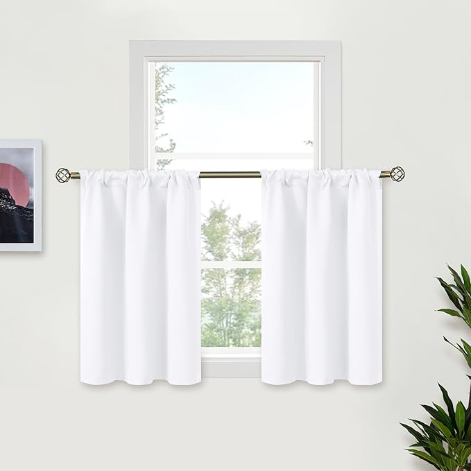 BGment Pure White Cafe Curtains 36 Inch Length for Over Sink - Small Half Drapes with Rod Pocket Privacy for Bathroom Kitchen Windows, 2 Panels, 29 x 36 Inch