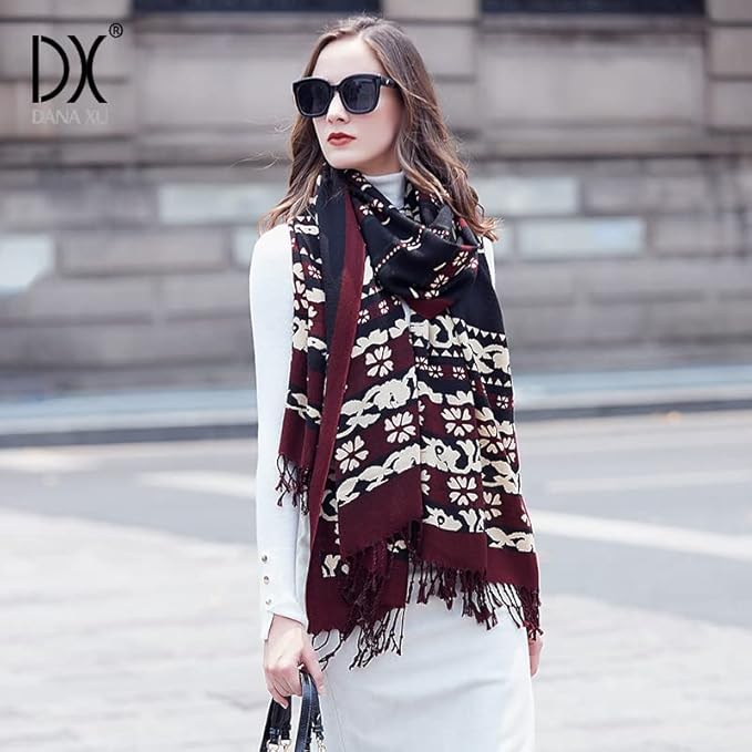 DANA XU 100% Merino Wool Pashmina Shawl for Women 96"x43", Oversized Cashmere Wrap with Tassels, Floral Travel Blanket Cape