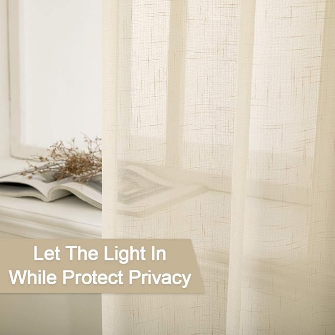 MIULEE Natural Light Beige Linen Semi Sheer Window Curtains - Elegant Solid Drapes Grommet Top - Voile Panels Linen Textured Panels for Bedroom Living Room (52" W x 84" L)