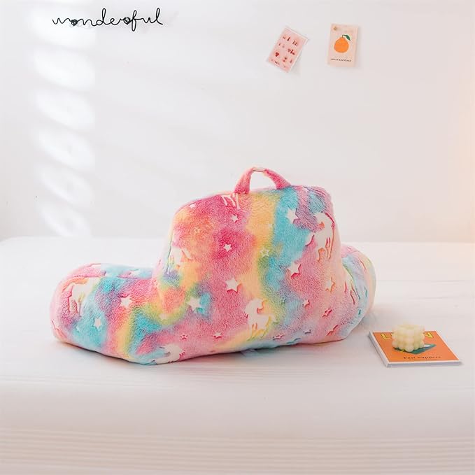 Meeting Story Colorful Unicorn Luminous Reading Pillows Glow in The Dark with Arms Back Pillow for Bed, Bed Rest Pillow for Adults, Teens, Kids, (Rainbow)