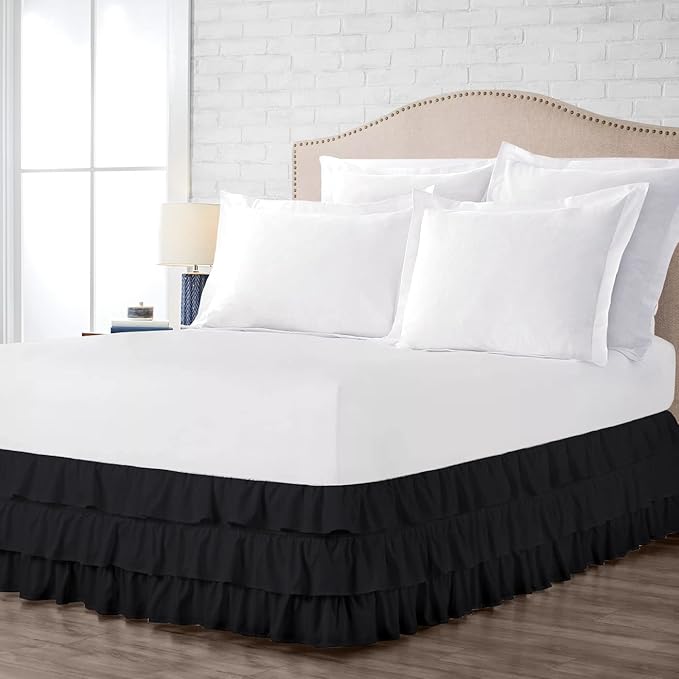 Multi-Ruffle Bed Skirt, Soft Multi Elastic Dust Ruffles with Wrap Around Bed Skirt Easy Fit with 18 Inch Drop 100% Cotton 800 Thread Count (Olympic Queen, Black)