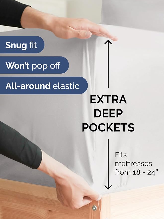 Extra Deep King Fitted Sheet - Hotel Luxury Single Fitted Sheet Only - Easily Fits 18 inch to 24 inch Mattress - Ultra Soft, Wrinkle & Fade Free w/Extra Deep Pocket - Breathable & Comfy - French Grey