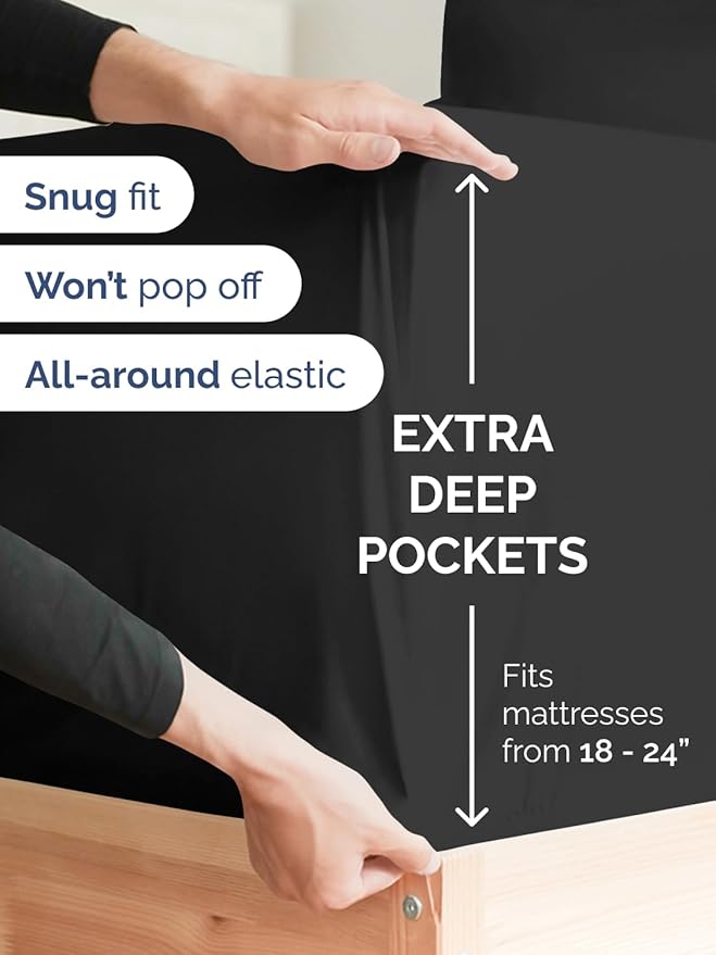 Extra Deep Cal King Fitted Sheet - Hotel Luxury Single Fitted Sheet Only - Easily Fits 18 inch to 24 inch Mattress - Ultra Soft, Wrinkle & Fade Free w/Extra Deep Pockets - Breathable & Comfy - Black