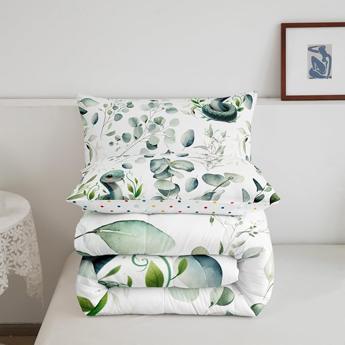 Erosebridal Cute Snake King Comforter Set for Kids Child Green Eucalyptus Bedding Set King, Wild Animal Bedding Comforter Sets Botanical Plant Leaves Duvet Set, Cartoon Wildlife Quilted Comforter