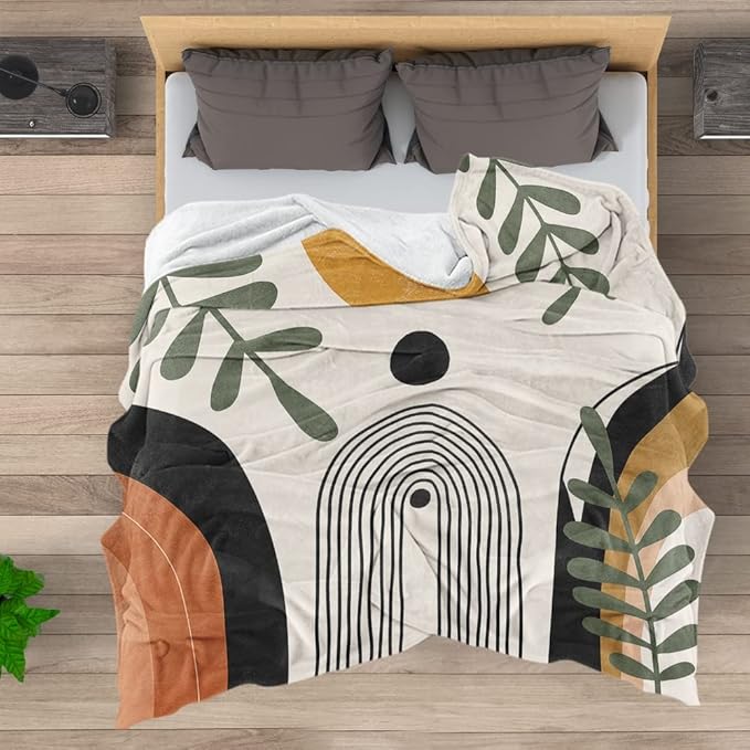 Abstract Modern Throw Blanket Boho Minimalist Mid Century Sun Aesthetic Soft Warm Bed Bedding Women Blankets for Couch Bedroom Sofa Office Cozy Flannel Blanket Orange Beige Black,70"X80"