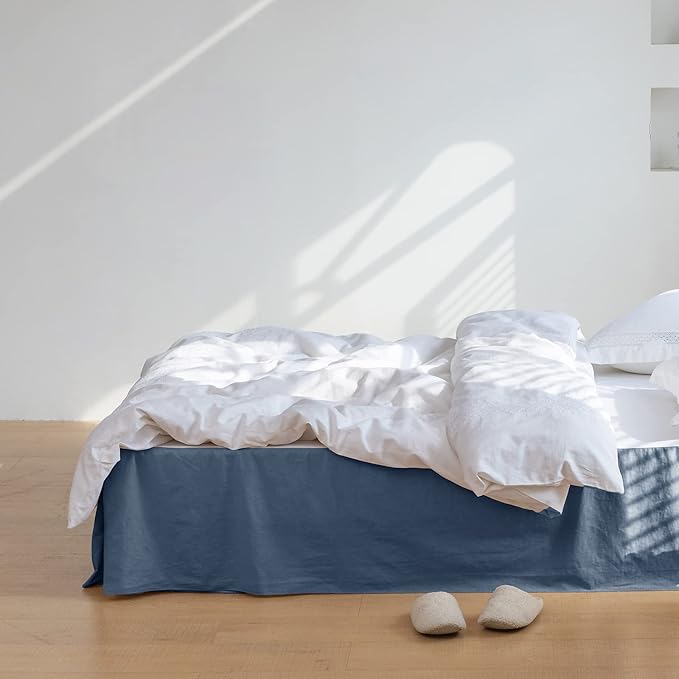 BISELINA French Linen Bed Skirt with Pleated Corner 14-Inch Tailored Drop Natural Flax Cotton Blend Basic Dust Ruffle Soft Cozy Farmhouse Bedding (14" Queen, Basic Navy Blue)