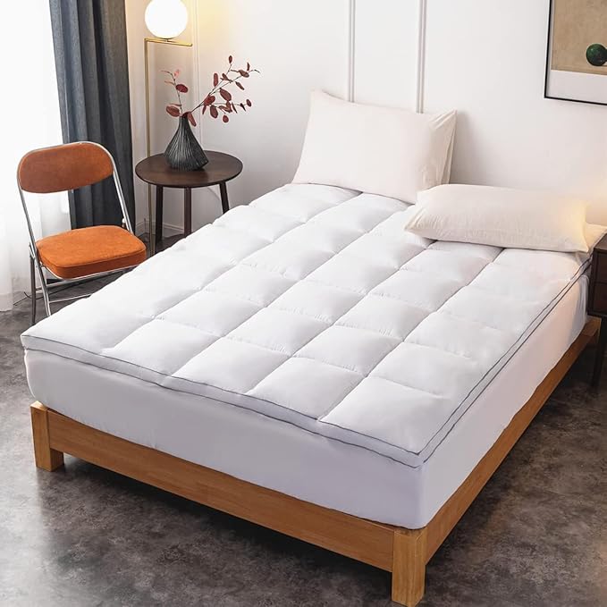 DROVAN Mattress Topper Olympic Queen Size - Extra Thick Mattress Pad Cover - Pillow Top Deep Pocket with Breathable 7D Spiral Fiber Filling Cooling Mattress Cover, Super Queen