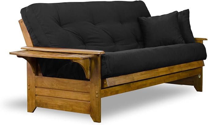 Nirvana Futons Brentwood Tray Arm Futon Sofabed Set - Queen Frame, 8" Thick Black Mattress, Rich Heritage Finish