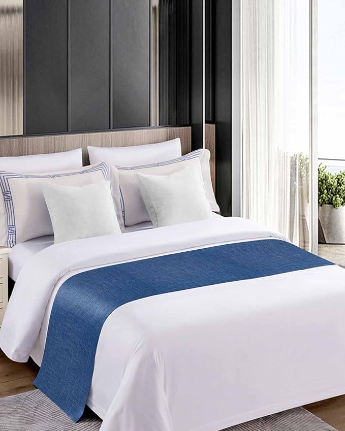 Retro Farm Linen Flax Bed Runners for Bedroom Hotel,Decorative Bedding Scarf Blue Solid Color Ocean Bed End Blanket Bedding Runner Scarves for Queen Size Bed,94x20in