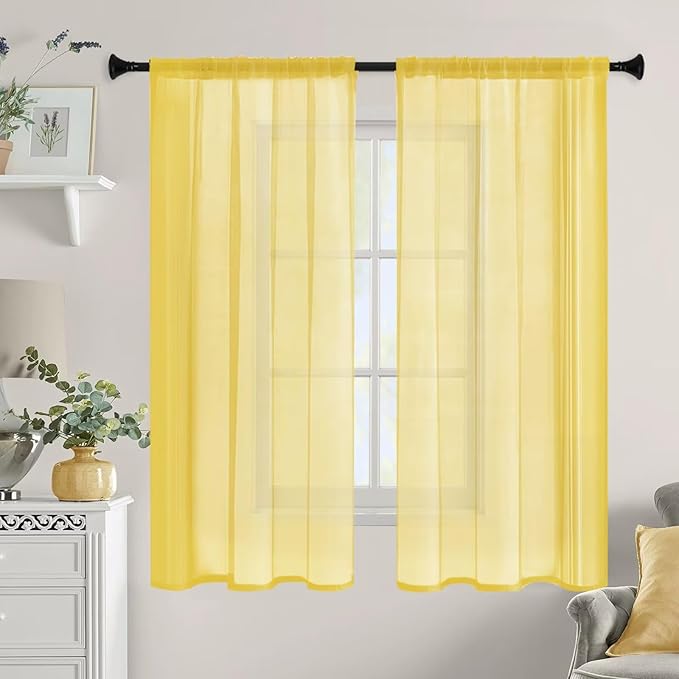 Sheer Curtains 63 Inches Long 2 Panels, Rod Pocket Short Curtain for Kitchen, Bedroom, Cafe Window(Yellow 38" W x 63" L)