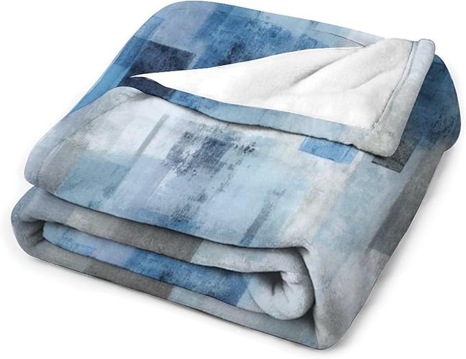 Fashion Gradient Blanket, Modern Art Abstract Blue Grey Check Painting Strokes Pattern Soft Warm Cozy Plush Flannel Covers for Livingroom Bedroom Couch Chair Camping Travel Home Decor Tapestry 60x80in