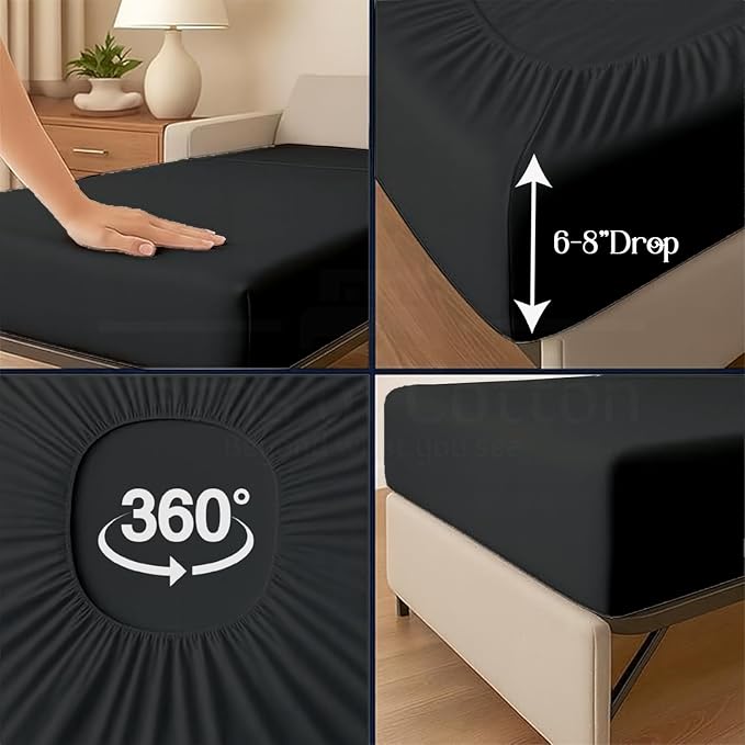 Sleeper Sofa 4 Piece Bed Sheet Set Premium Quality 100% Cotton 500 Thread Count, Smooth & Super Soft Sateen Weave, Extra Soft Bed Sheets, Wrinkle Free, 4 Inch Deep Pocket (Full, Black)