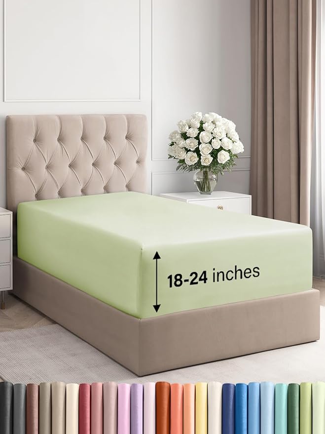 Extra Deep Twin XL Fitted Sheet - Hotel Luxury Single Fitted Sheet Only - Easily Fits 18 to 24 inch Mattress - Ultra Soft, Wrinkle Free with Extra Deep Pockets - Breathable & Comfy - Light Sage Green