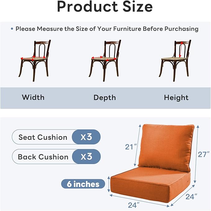 6" Thicker Outdoor Chair Cushion 3 Sets - 24" *24" *6" Waterproof Patio Furniture Cushions with Removable Cover, 28D High Density Sponge Filling Thicken Outdoor Patio Cushions - Orange