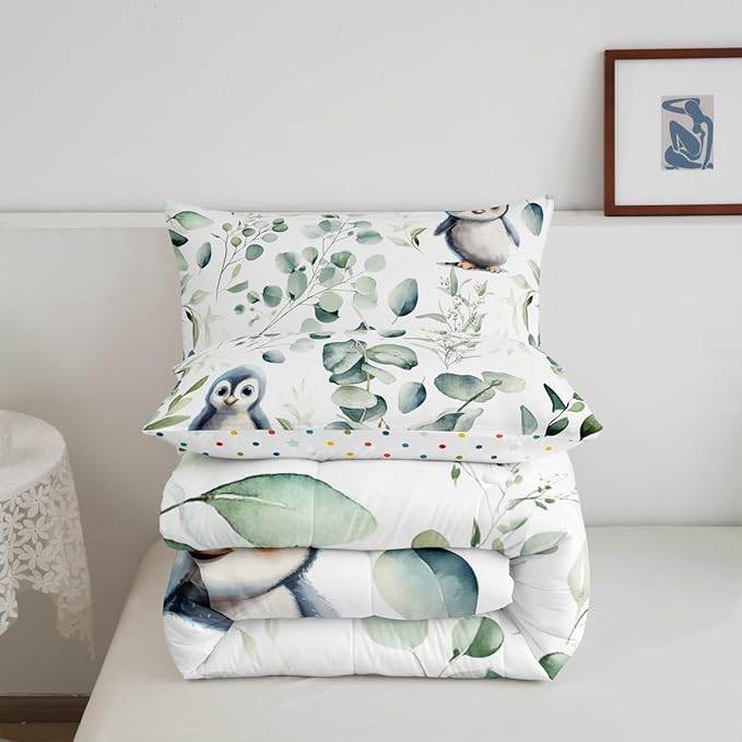 Erosebridal Cartoon Penguin Bedding Toddler Size Woodland Wildlife Comforter Set, Plant Duvet Insert Eucalyptus Leaf Quilt Comforter, Antarctic Animal Theme Bedding Comforters & Sets Kids Room Decor