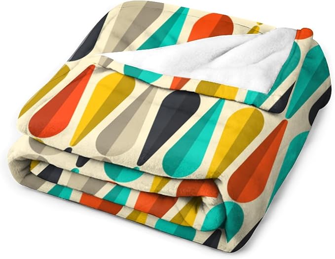 Mid Century Throw Blanket, Modern Drop Shape Retro Colors Boho Orange Teal Black Geometric Pattern Throws Blankets for aby Toddler Dog Cat 40"x50"