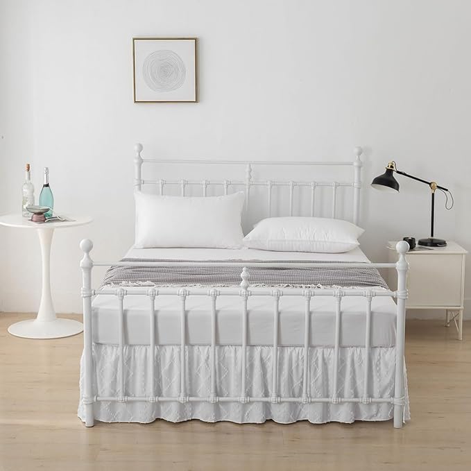 Bed Skirt Queen Size Ruffled Bed Skirt with Split Corners, 14 Inch Drop Dust Ruffle Bed Skirts with Platform, Boho Tufted Shabby Chic Full Size Bed Skirts, White