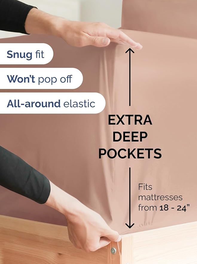 Extra Deep Twin XL Fitted Sheet - Hotel Luxury Single Fitted Sheet Only - Easily Fits 18 inch to 24 inch Mattress - Ultra Soft, Wrinkle & Fade Free w/Extra Deep Pockets - Breathable & Comfy - Mauve