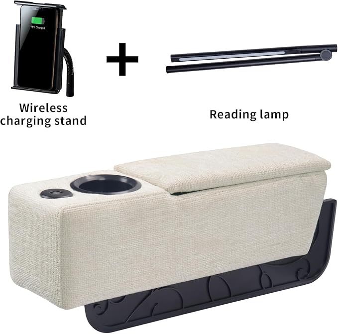 Multifunctional Couch Armrest, Sofa Armrest with Cup Holder, Removable Sofa Caddy with Storage,Equipped with LED Reading Light&Wireless Charge Stand,Almond