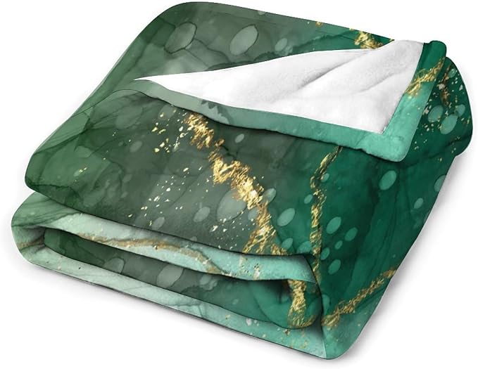 Modern Marble Blanket, Abstract Luxury Baroque Golden Lake Green Stone Veins Pattern Soft Warm Cozy Plush Flannel Covers for Livingroom Bedroom Couch Chair Camping Travel Home Decor Tapestry 50x60in